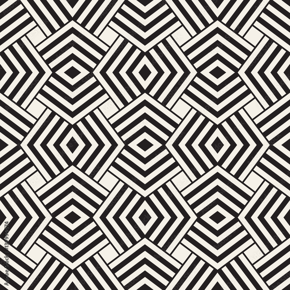 Geometric Ornament With Striped Rhombuses. Vector Seamless Monochrome Pattern Geometric Ornament With Striped Rhombuses. Vector Seamless Monochrome Pattern