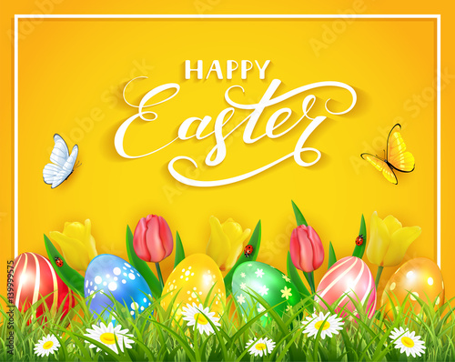 Easter eggs with butterflies and tulips on yellow background
