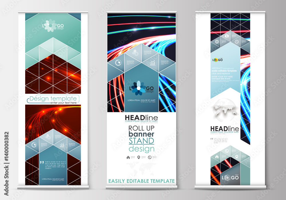 Set of roll up banner stands, flat templates, geometric style, modern business concept, corporate vertical flyers. Abstract lines background with color glowing neon streams, motion design vector.