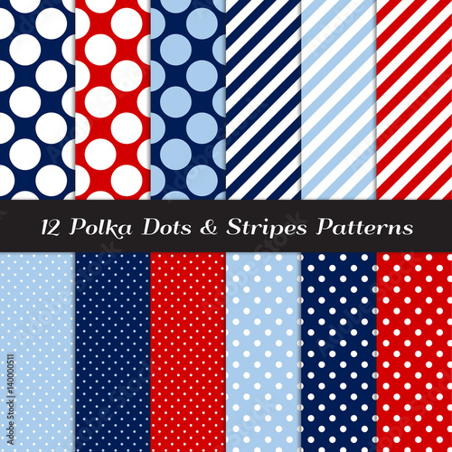 Nautical Navy, Blue, Red and White Polka Dots and Candy Stripes Seamless Patterns. Patriotic Color backgrounds. Vector Pattern Tile Swatches Included.