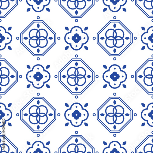 Blue and white portugeese mediterranean seamless tile pattern. Geometric monochrome shapes vector texture for ceramic design, textile and wallpaper. photo