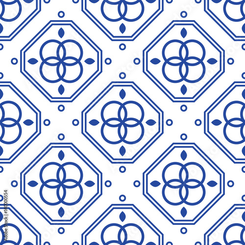 Blue and white geometric mediterranean seamless tile pattern. Abstract monochrome shapes vector texture for ceramic design, textile and wallpaper.