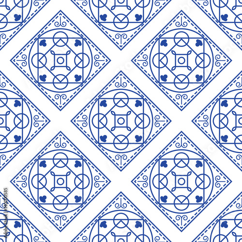 Portuguese blue and white mediterranean seamless tile pattern. Geometric monochrome shapes vector texture for ceramic design, textile and wallpaper.