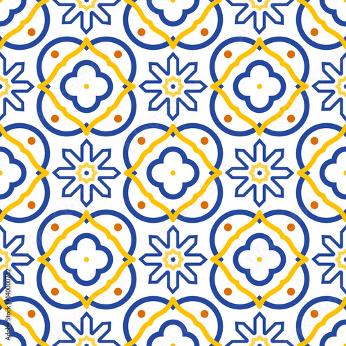 Azulejos blue and white mediterranean seamless tile pattern. Geometric spanish ceramic shapes vector texture for fabric textile and wallpaper.