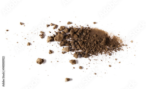 Pile of soil isolated on white background, top view