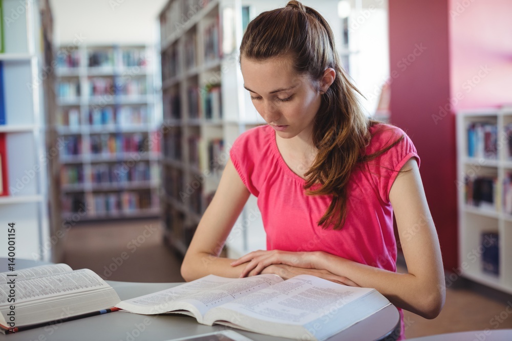 Attentive schoolgirl reading book in library Attentive schoolgirl reading book in library