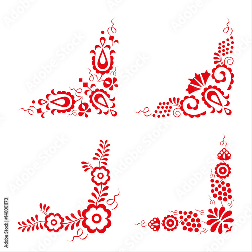 Set of four traditional folk ornaments, hungarian decorative pattern, red embroidery isolated on a white background, vector illustration