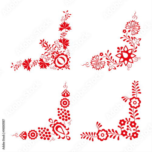 Set of four traditional folk ornaments, folk decorative pattern, red embroidery isolated on a white background, vector illustration