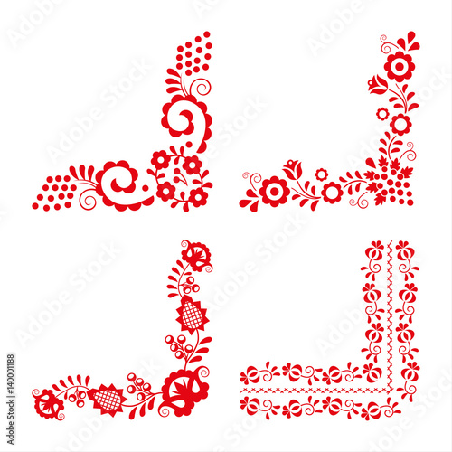 Set of four traditional folk ornaments, red embroidery isolated on a white background, hungarian decorative pattern, vector illustration photo