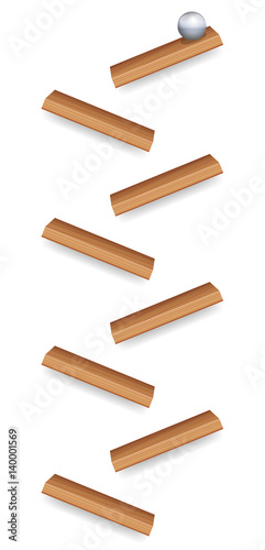 Simple marble run with iron ball and wooden pieces - childrens toy to realize earths gravity or just for fun. Isolated vector illustration on white background.