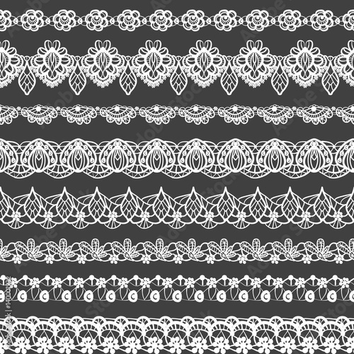 Vector set of seamless borders. Black and white lace pattern for design and fashion. Flowers and leaves motifs