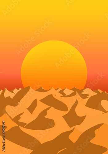 Summer morning landscape with exit orange sun over the horizon of the desert with sand dunes with shadow