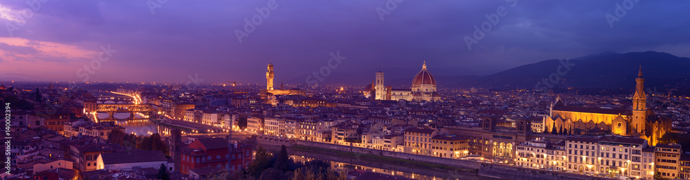 Panorama of famous Florence city and river Arno after sunset with night illumination, Tuscany, Italy, Europe. Travel outdoor sightseeing background. Panorama of famous Florence city and river Arno after sunset with night illumination, Tuscany, Italy, Europe. Travel outdoor sightseeing background.