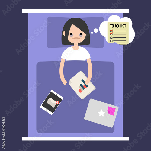 Modern nightmare conceptual illustration. Insomnia. Young girl lying in the bed and thinking about work  / flat editable vector illustration