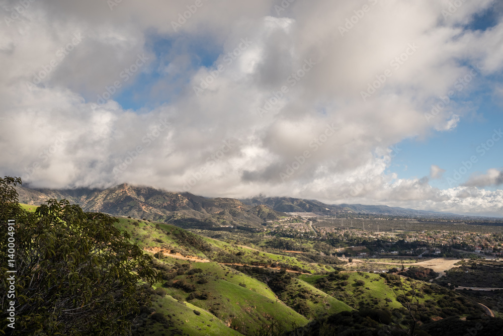 Low clouds hang over the San Gabriel mountains in Southern California.