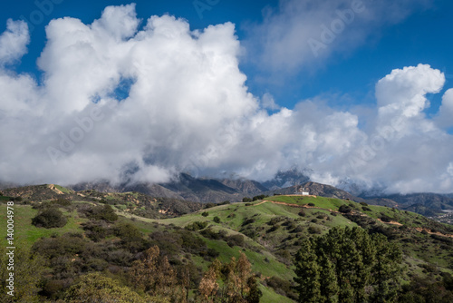 Low clouds hang over the San Gabriel mountains in Southern California.
