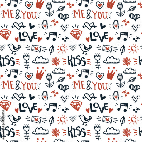 Doodle hand drawn seamless pattern. Cute elements romantic vector background