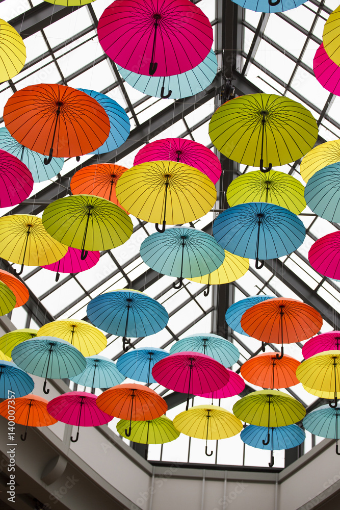 Colorful umbrellas in the sky, street decoration