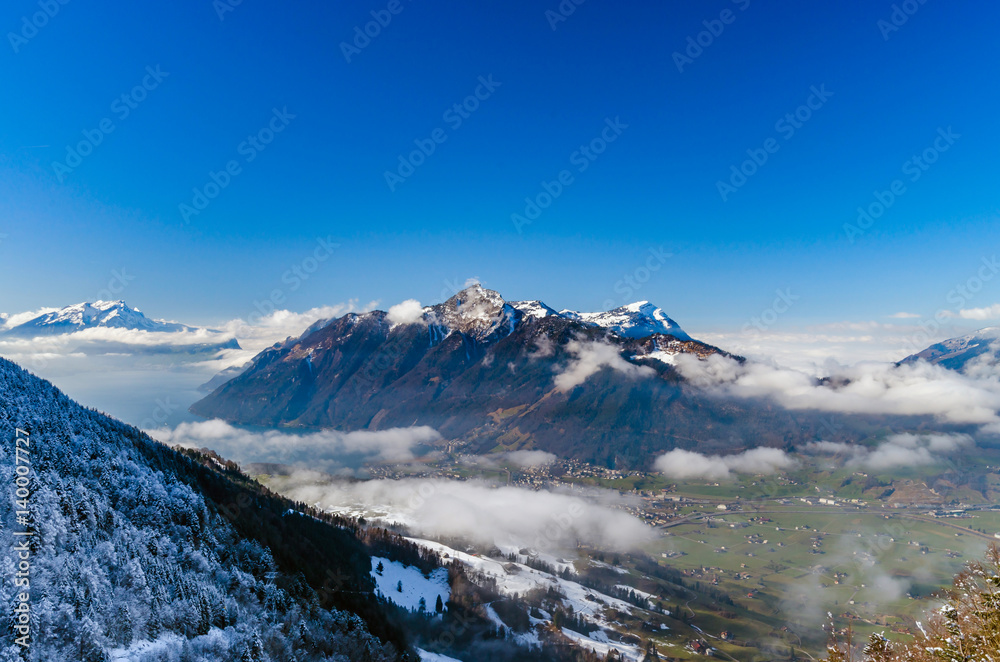 Panoramic aerial view to Luzern lake from high peak