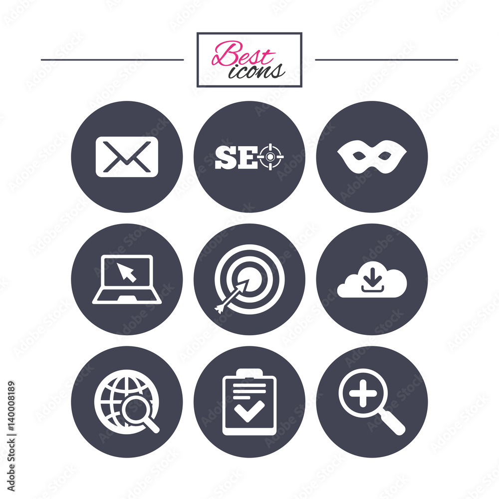 Internet, seo icons. Checklist, target signs. Internet, seo icons. Checklist, target signs.