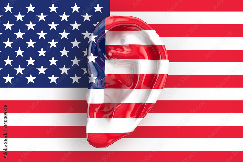 American intelligence concept, ear on the USA flag. 3D rendering
