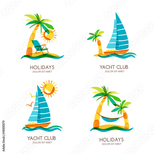 Set of summer travel and tourism vector illustrations. Tropical island, palms and sailing boat. Flat design for summer vacation. Concept for travel agency, boat rent, cruise and beach resort.
