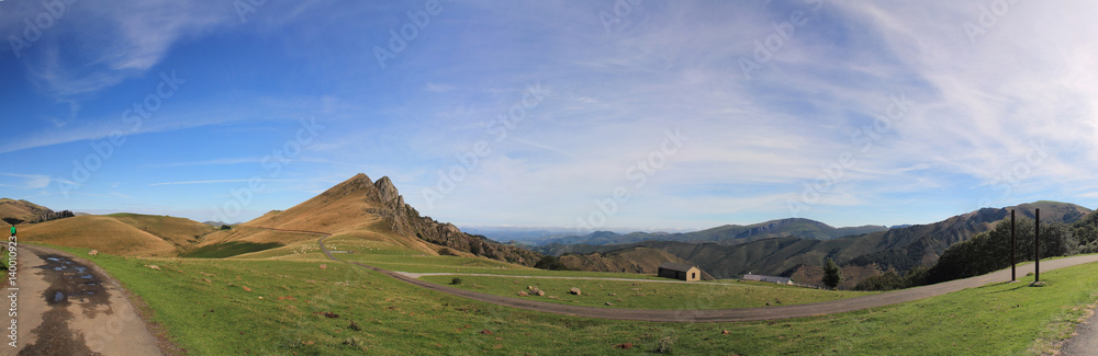 panoramic view of wonderful landscape view of beautiful irati mountains in blue sky, basque country, france panoramic view of wonderful landscape view of beautiful irati mountains in blue sky, basque country, france