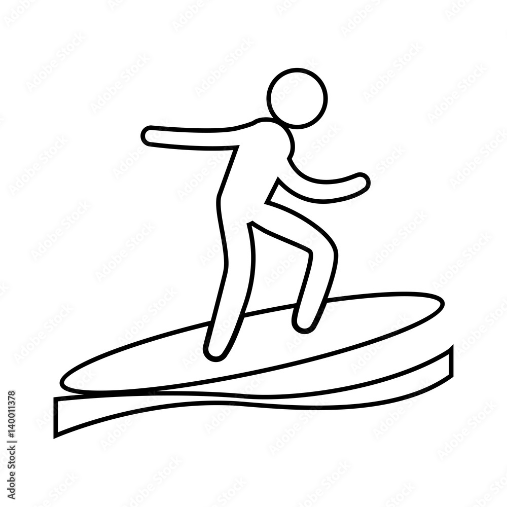 eps 10 vector thin line Surfing sport icon. Summer sport activity pictogram for web, print, mobile. Black athlete sign isolated on gray. Hand drawn competition symbol. Graphic design clip art element