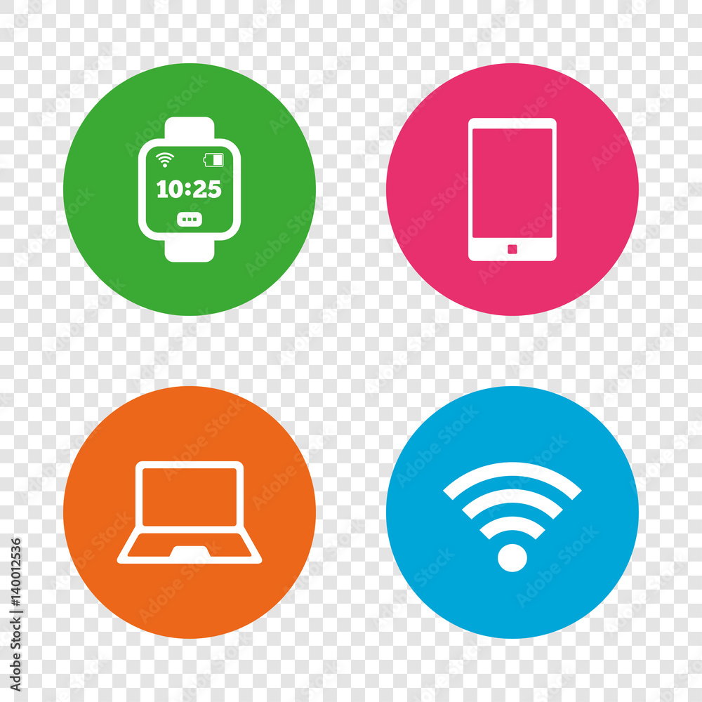 Notebook and smartphone icon. Smart watch symbol. Notebook and smartphone icon. Smart watch symbol.