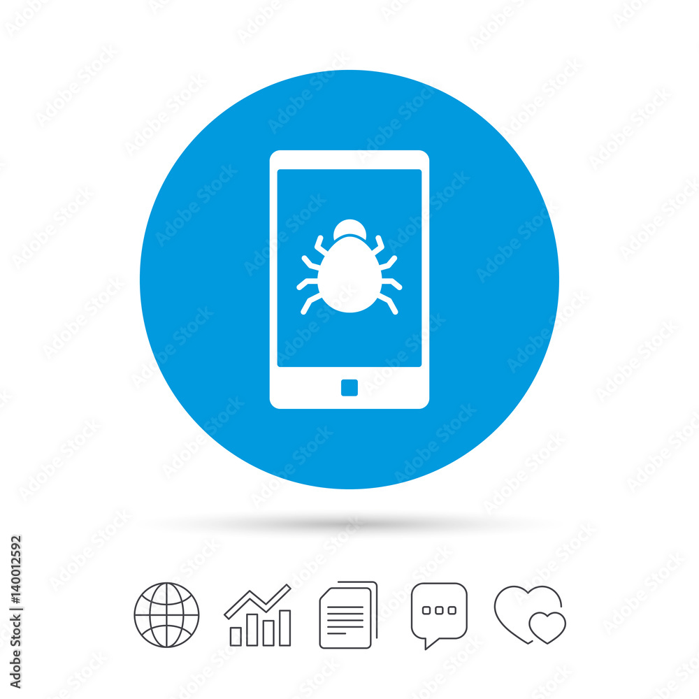 Smartphone virus sign icon. Software bug symbol. Smartphone virus sign icon. Software bug symbol.