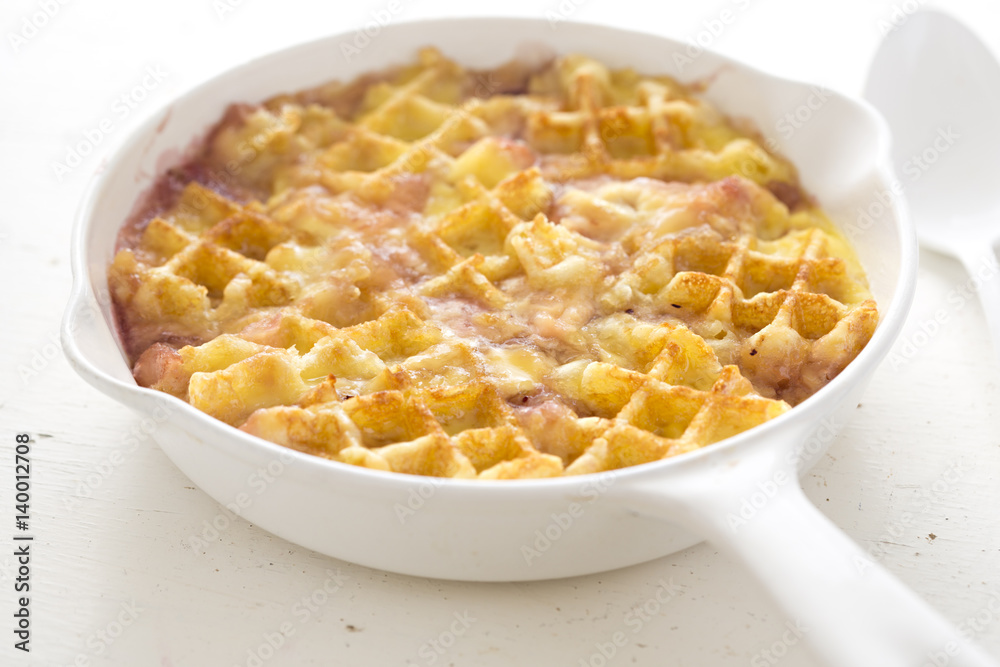 Belgian style waffle pudding with apple blueberry compote Belgian style waffle pudding with apple blueberry compote