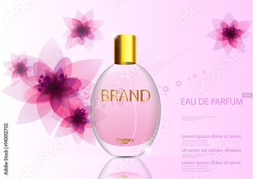 eps 10 vector advertising poster of luxury eau de parfum isolated on pink background with flowers. Premium perfumery advertisement banner for web, print. Realistic glass bottle with vaporizer spray