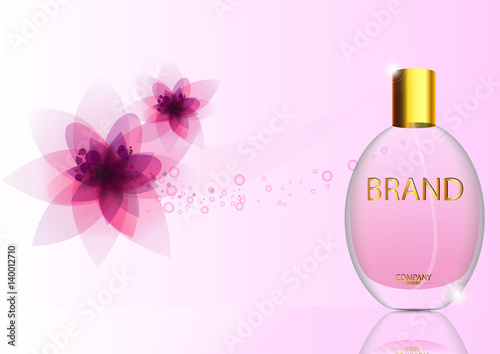 eps 10 vector advertising poster of luxury eau de parfum isolated on pink background with flowers. Premium perfumery advertisement banner for web, print. Realistic glass bottle with vaporizer spray