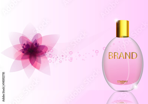 eps 10 vector advertising poster of luxury eau de parfum isolated on pink background with flowers. Premium perfumery advertisement banner for web, print. Realistic glass bottle with vaporizer spray