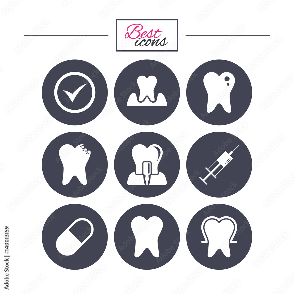 Tooth, dental care icons. Stomatology signs.