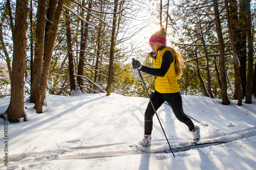 Woman cross country skiing