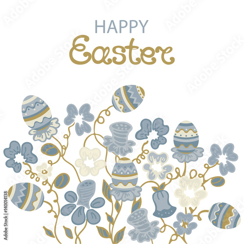 Happy Easter card with flowers and paschal eggs.