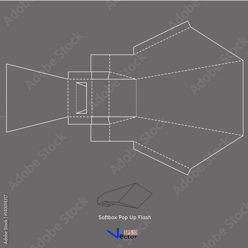 Vector diagram of softbox pop-up flash attachment for camera, showing structural layout and folding design in a technical format.
