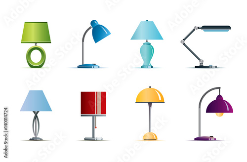 Set of colorful table and floor lamps for home and office. Vector illustration. Icon. Isolated on white background