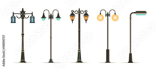 Traditional and Modern Outdoor Lamp Posts. Vector illustration. Icon set isolated on white background