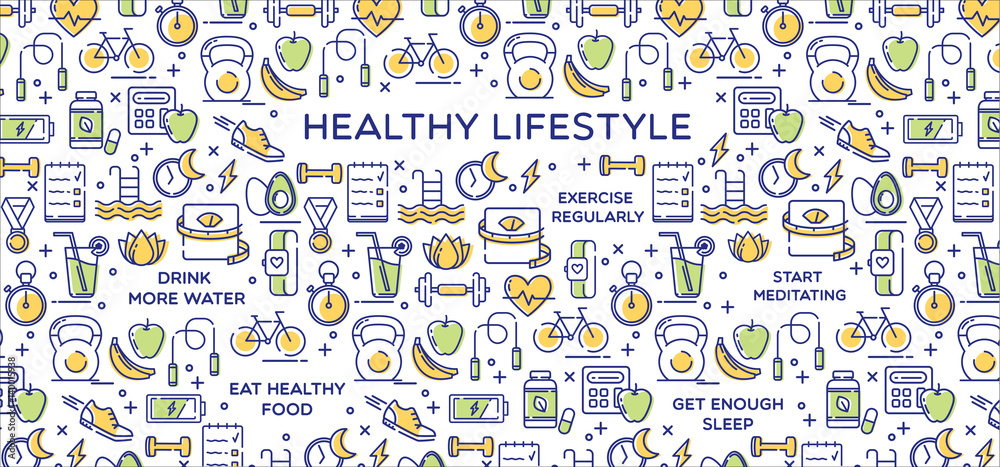 Healthy lifestyle vector illustration, dieting, fitness and nutrition. 