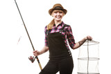 Happy woman holding fishing rod and keepnet