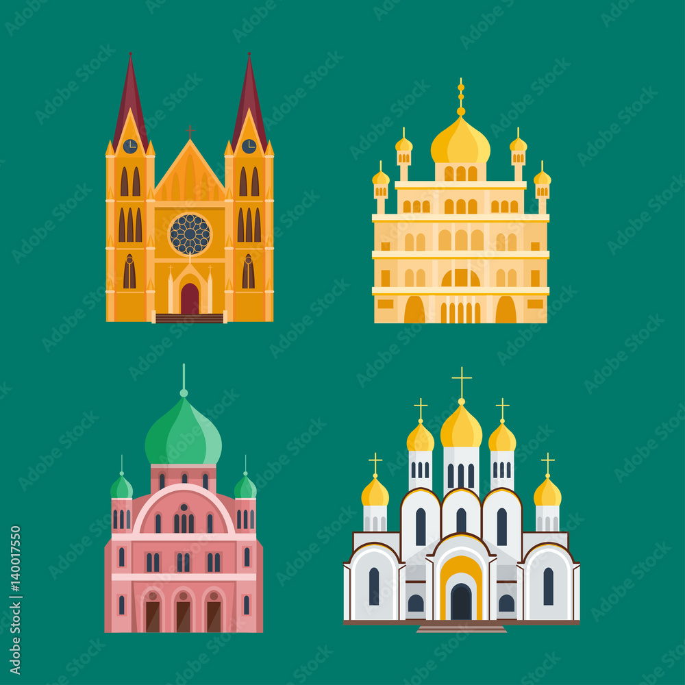 Cathedral churche temple building landmark tourism world religions and famous structure traditional city ancient old tower vector illustration.