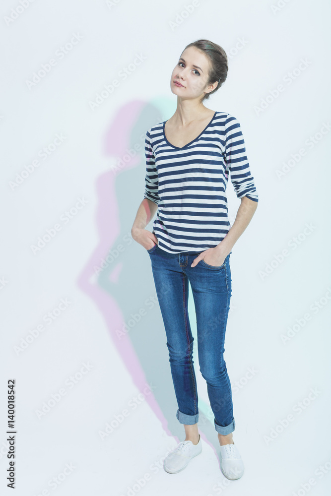Portrait of Caucasian Brunette Girl With Calm Facial Exression. Colorful Filters Used. Portrait of Caucasian Brunette Girl With Calm Facial Exression. Colorful Filters Used.