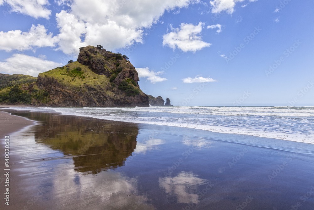 Piha Beach and Lion Rock, Auckland Region, New Zealand.