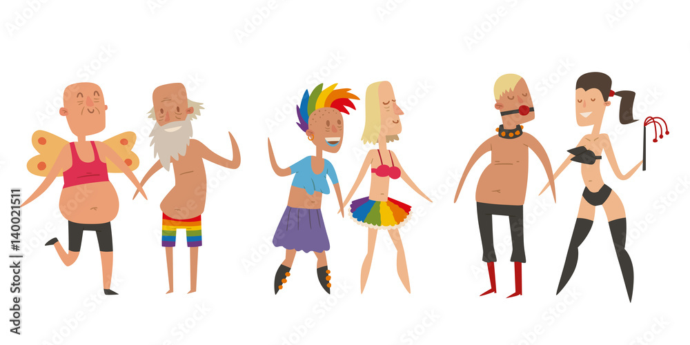Fototapeta premium Homosexual gay and lesbian people marriage man, woman couples family and colors free love ceremony community characters tolerance symbol vector illustration.