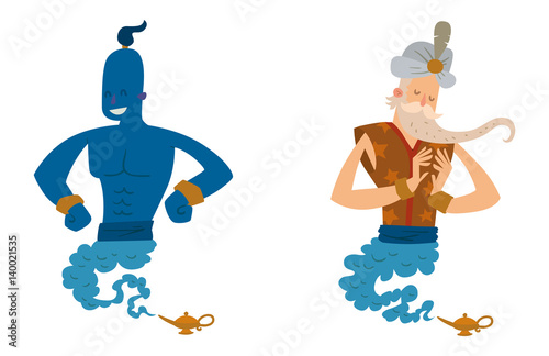 Cartoon genie character magic lamp vector illustration treasure aladdin miracle djinn coming out isolated legend set wish magical wizard desire