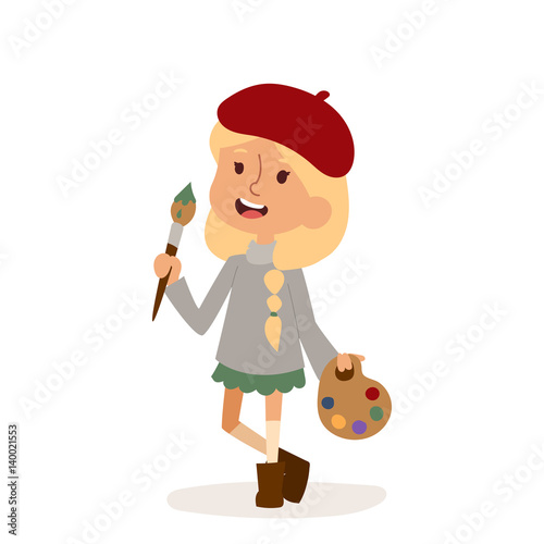 Artist girl art brush isolated on white cute cartoon vector profession illustration person childhood uniform worker character kid