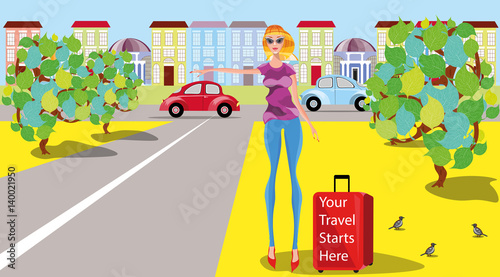 vector illustration with a young blond hitchhiking woman 