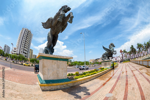 Fisheye view of Pegasus statues in Cartagena, Colombia. photo